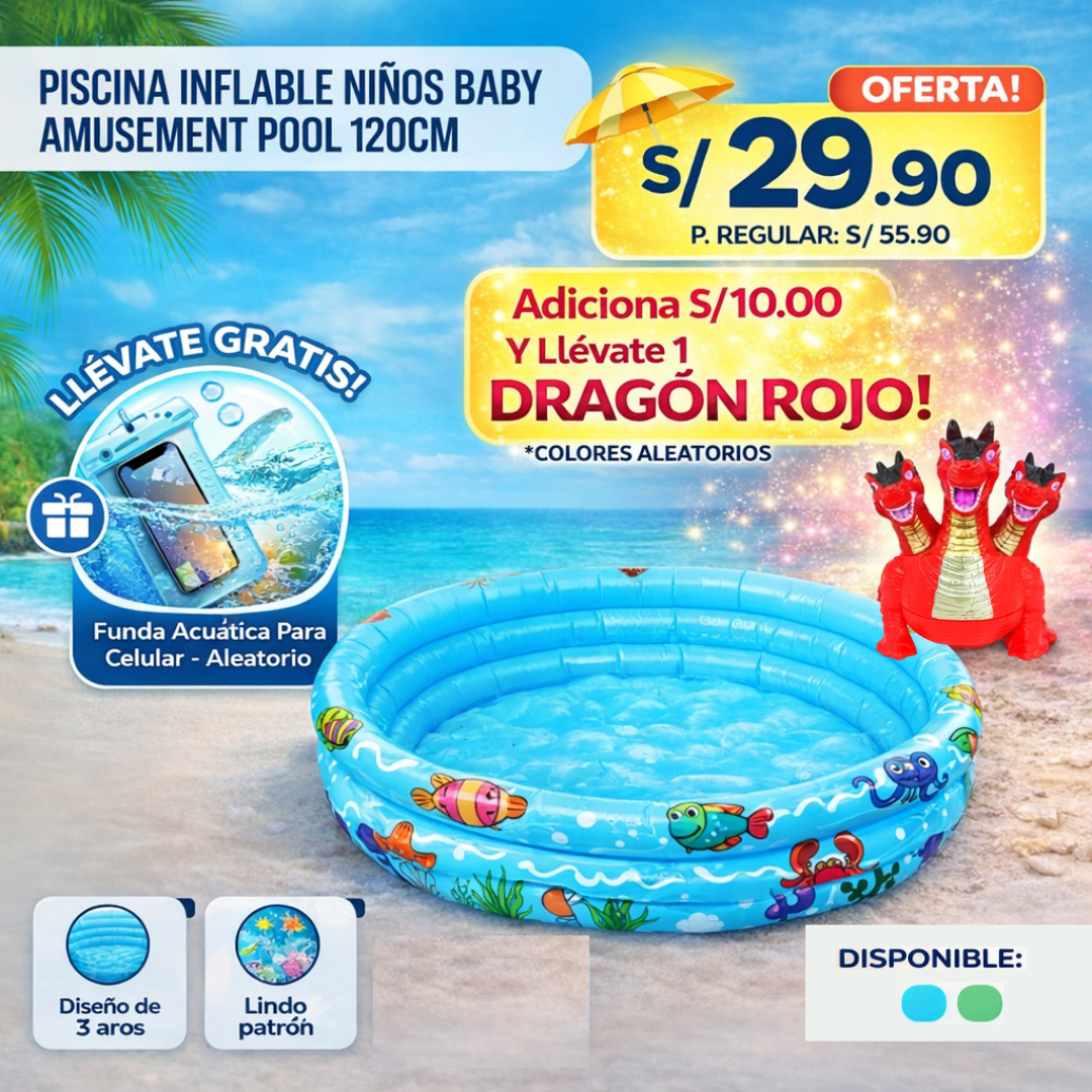 Piscina Inflable para Niños – 120 cm (140 L) Verde con Peces