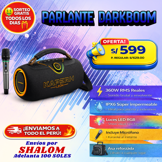 Parlante Darkboom – 360W reales, súper impermeable y listo para la fiesta