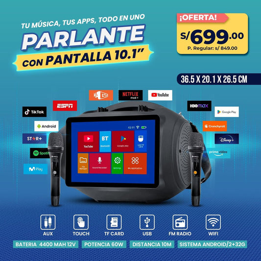 Parlante Kaperh Inteligente con Pantalla 10.1” – Tu Música, Tus Apps y Todo en Uno