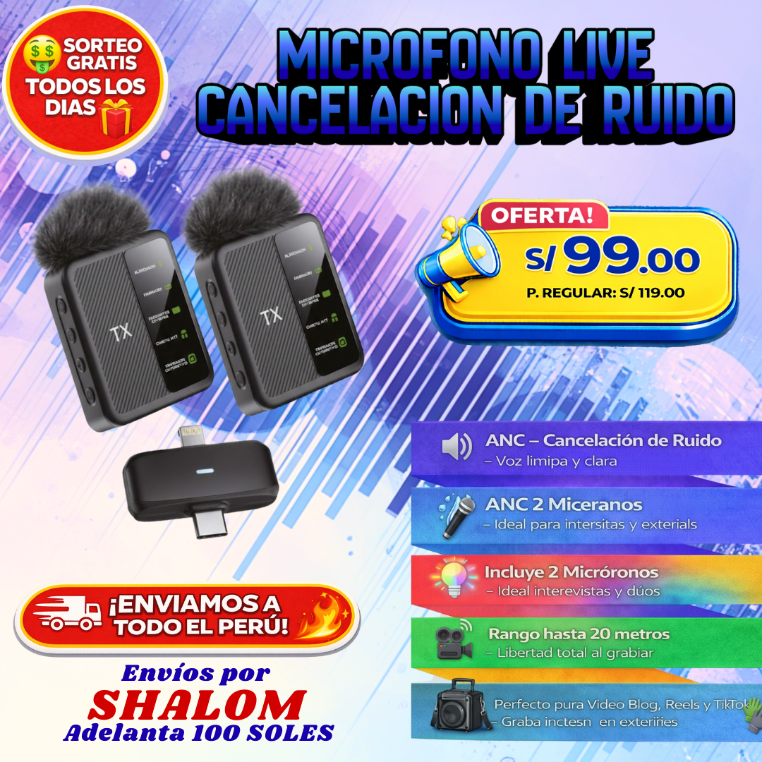 Micrófono Live con Cancelación de Ruido (ANC) – Audio limpio para tus videos, reels y entrevistas