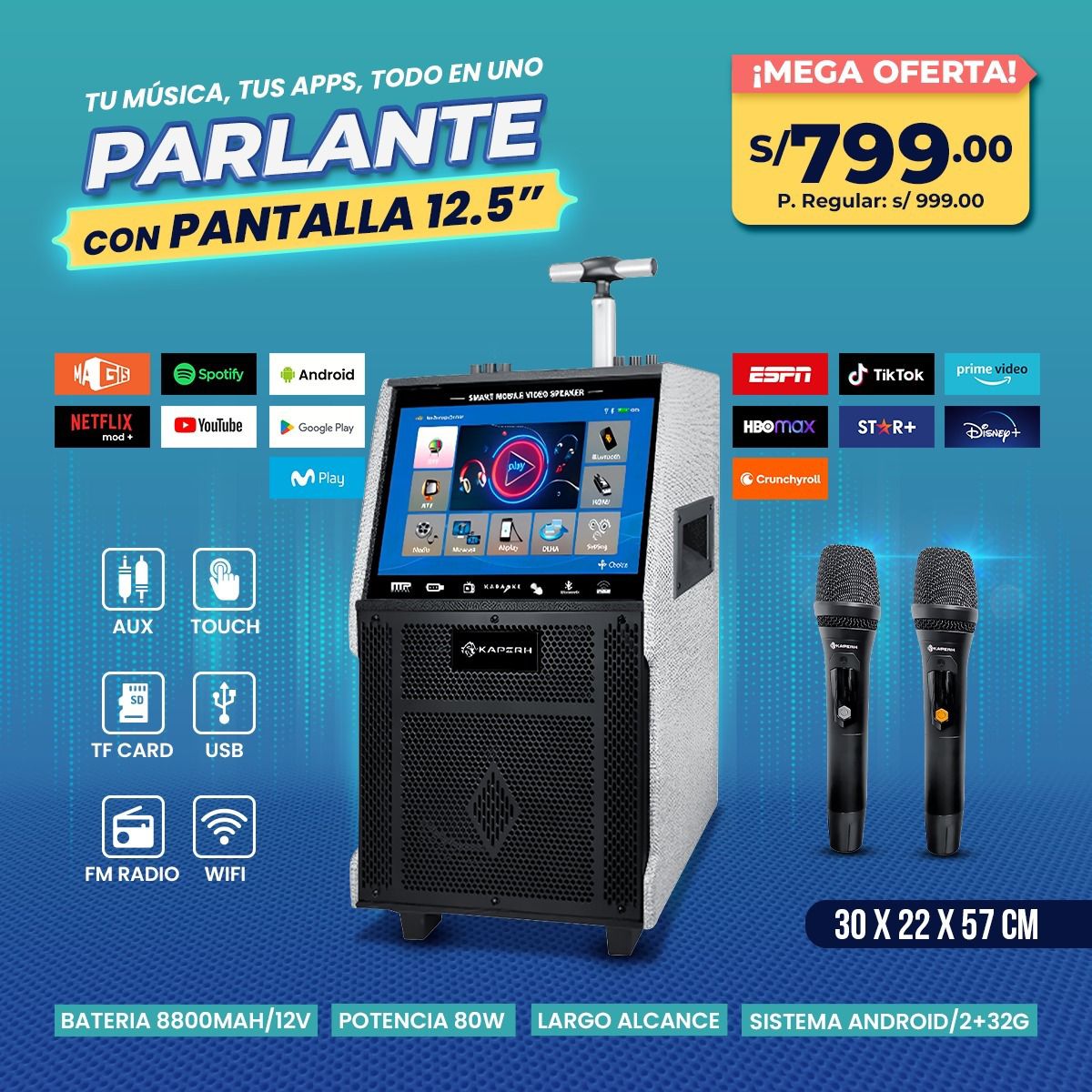 Parlante Kaperh Premium con Pantalla Táctil 12.5” – Potencia, Entretenimiento y Conectividad Total