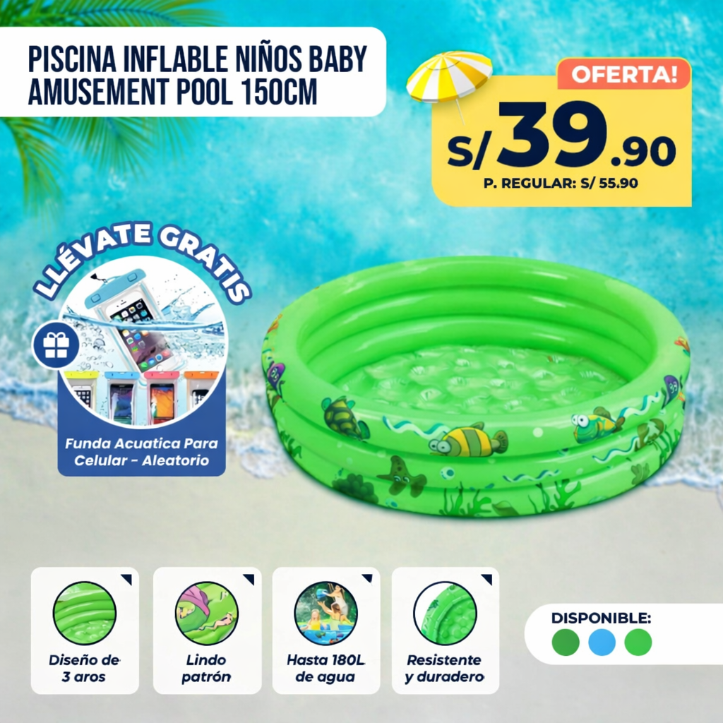 Piscina Inflable para Niños – 150 cm (180 L) Verde con Peces