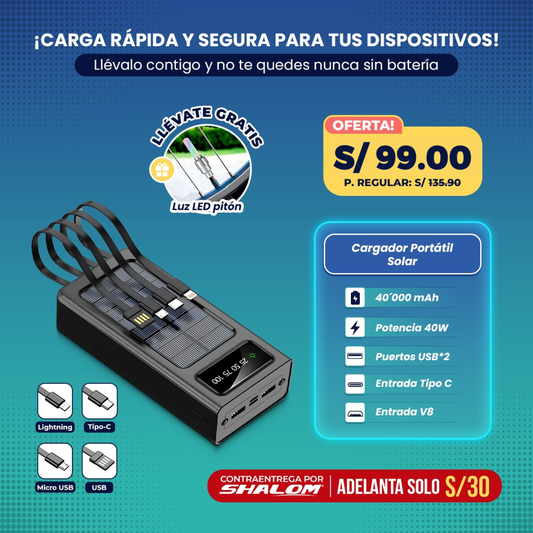 Cargador Portátil Solar – 40,000 mAh / 40W de Potencia