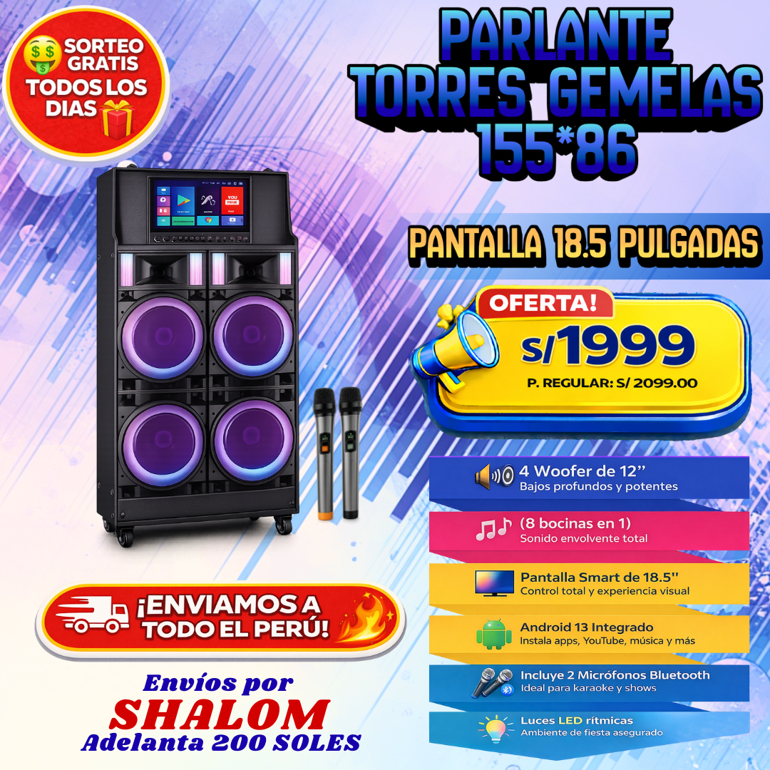 🔊 Parlante Torres Gemelas 155×86 – Pantalla Smart 18.5”