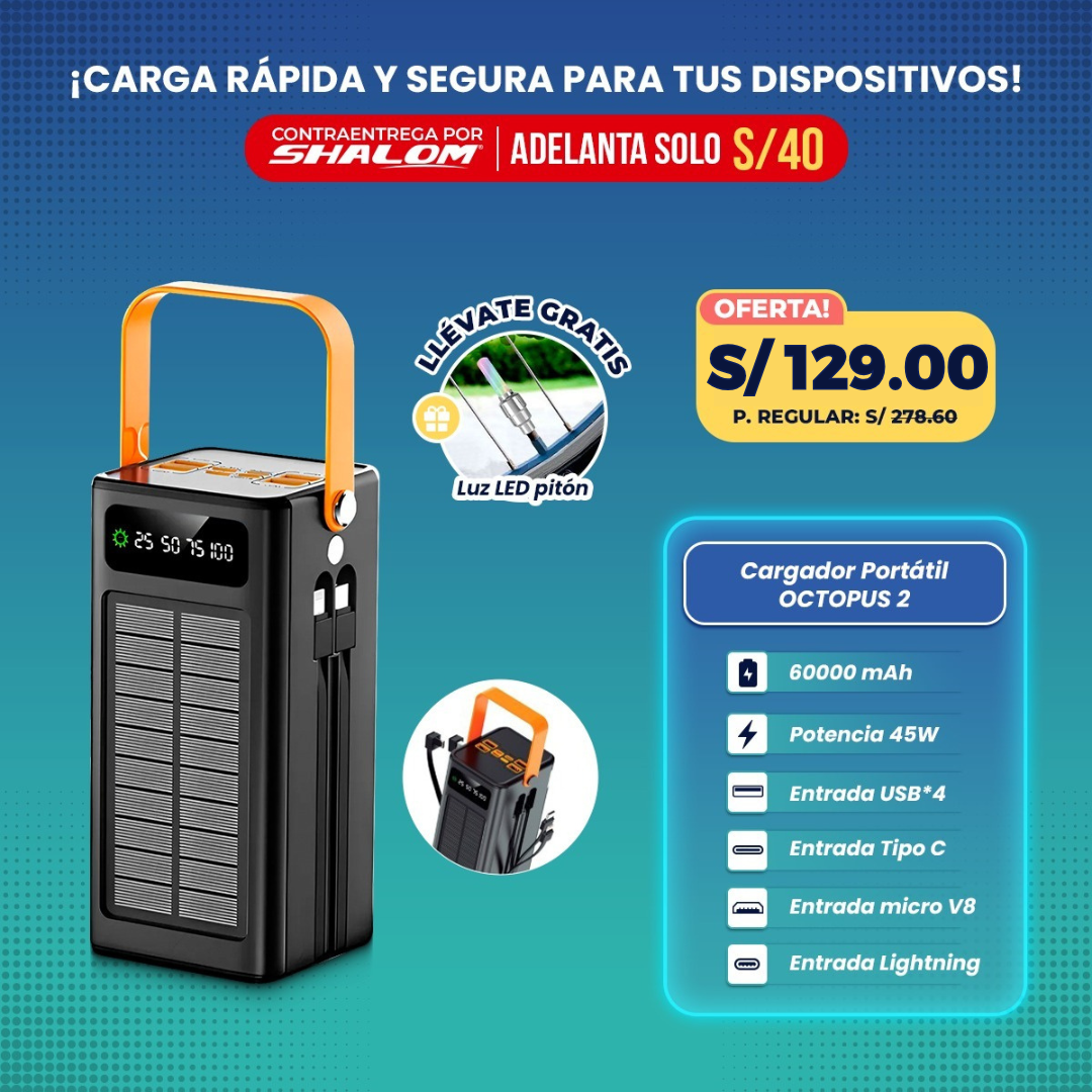 Cargador Portátil Solar 60000mAh OCTOPUS 2 / 4EN1 45W SUPER CARGA RÁPIDA