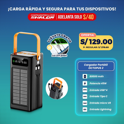 Cargador Portátil Solar 60000mAh OCTOPUS 2 / 4EN1 45W SUPER CARGA RÁPIDA