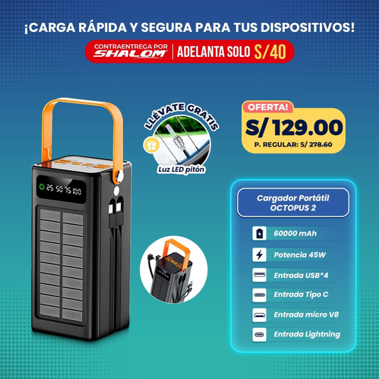 Cargador Portátil Solar 60000mAh OCTOPUS 2 / 4EN1 45W SUPER CARGA RÁPIDA