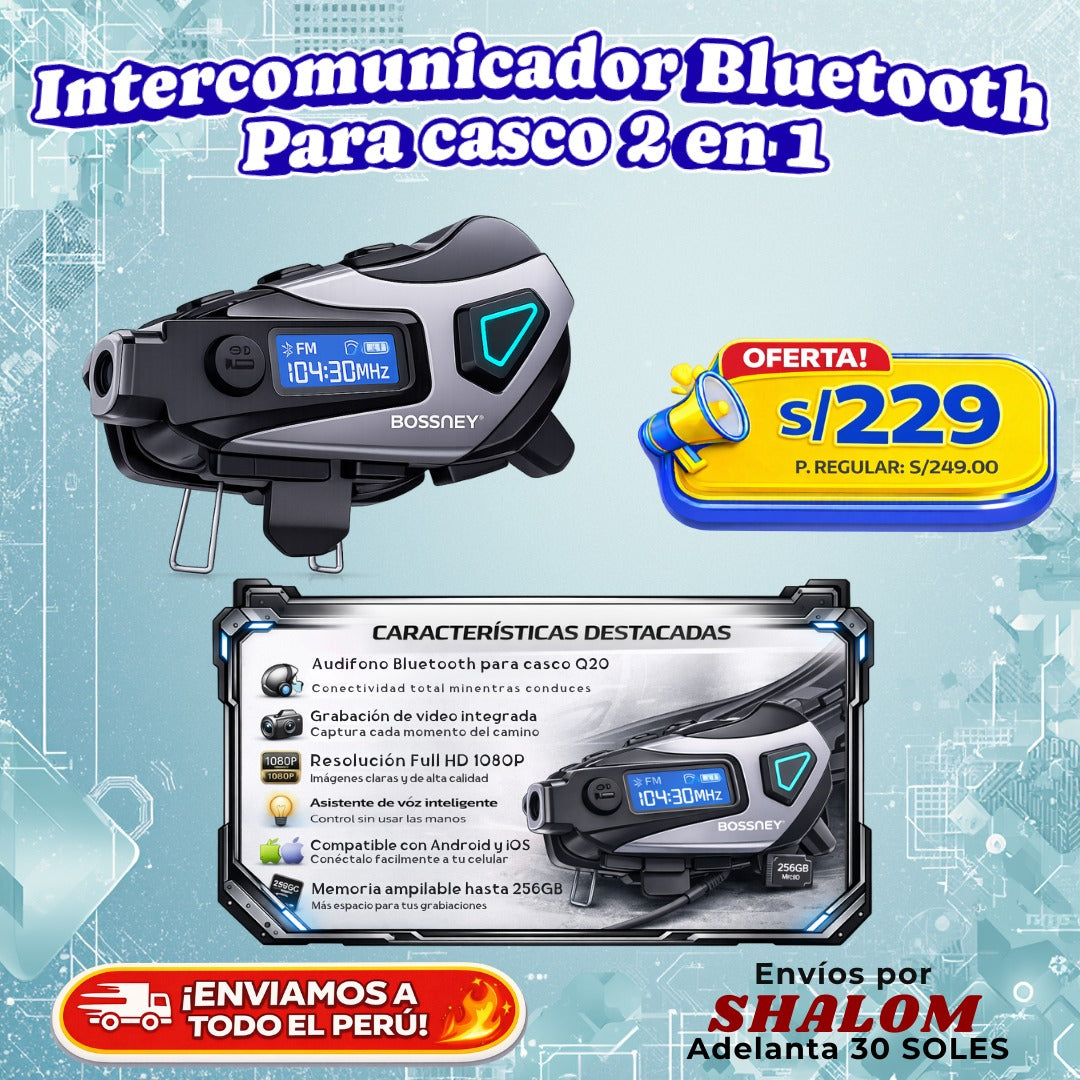Intercomunicador Bluetooth para Casco Pantalla Digital  2 en 1
