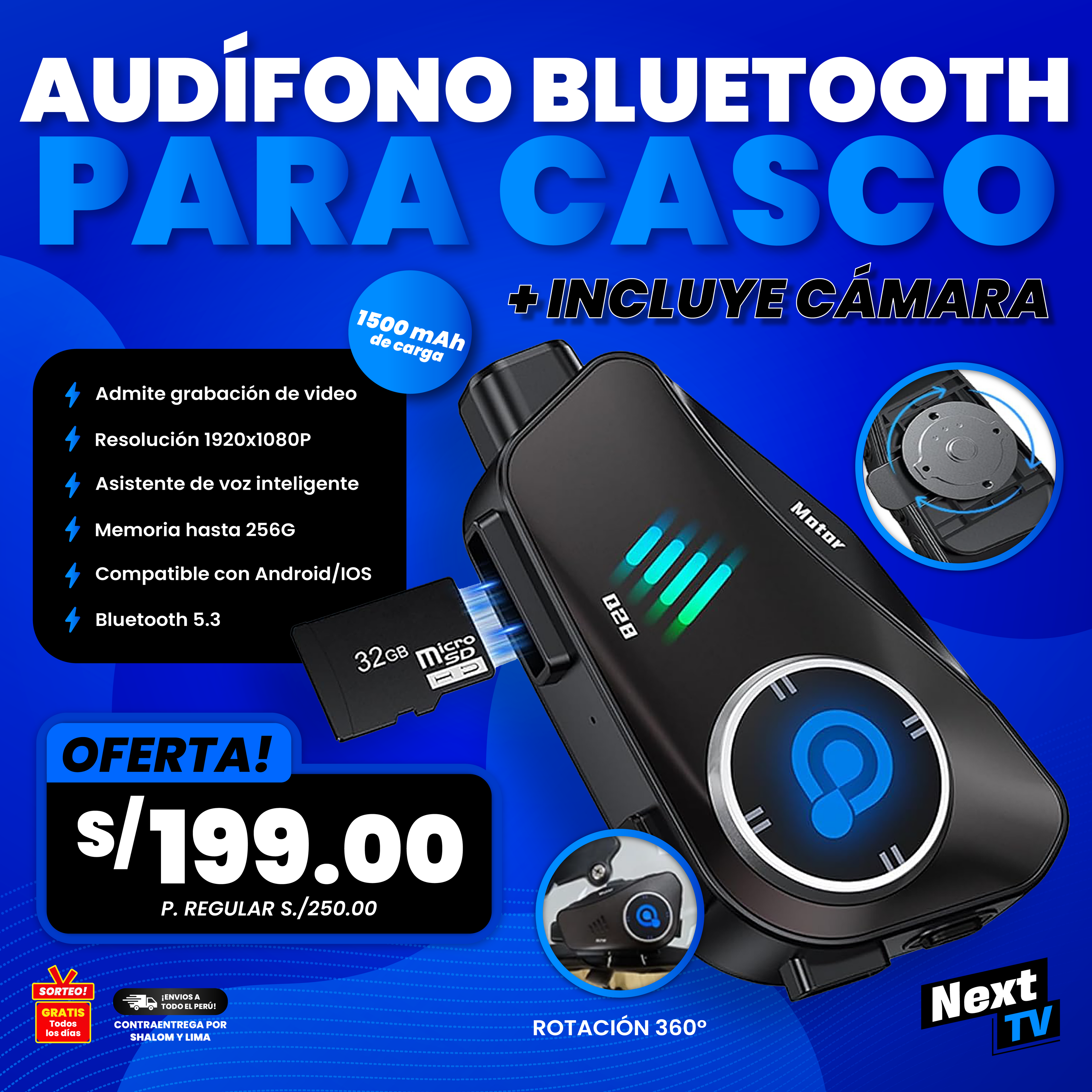 Audífono Bluetooth para Casco con Cámara Integrada