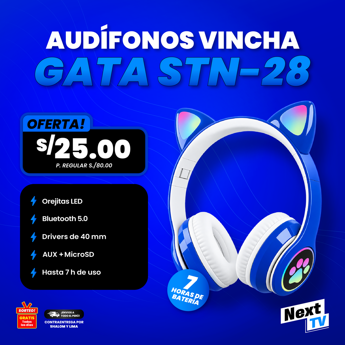 AUDÍFONOS BLUETOOTH VINCHA GATA STN-28