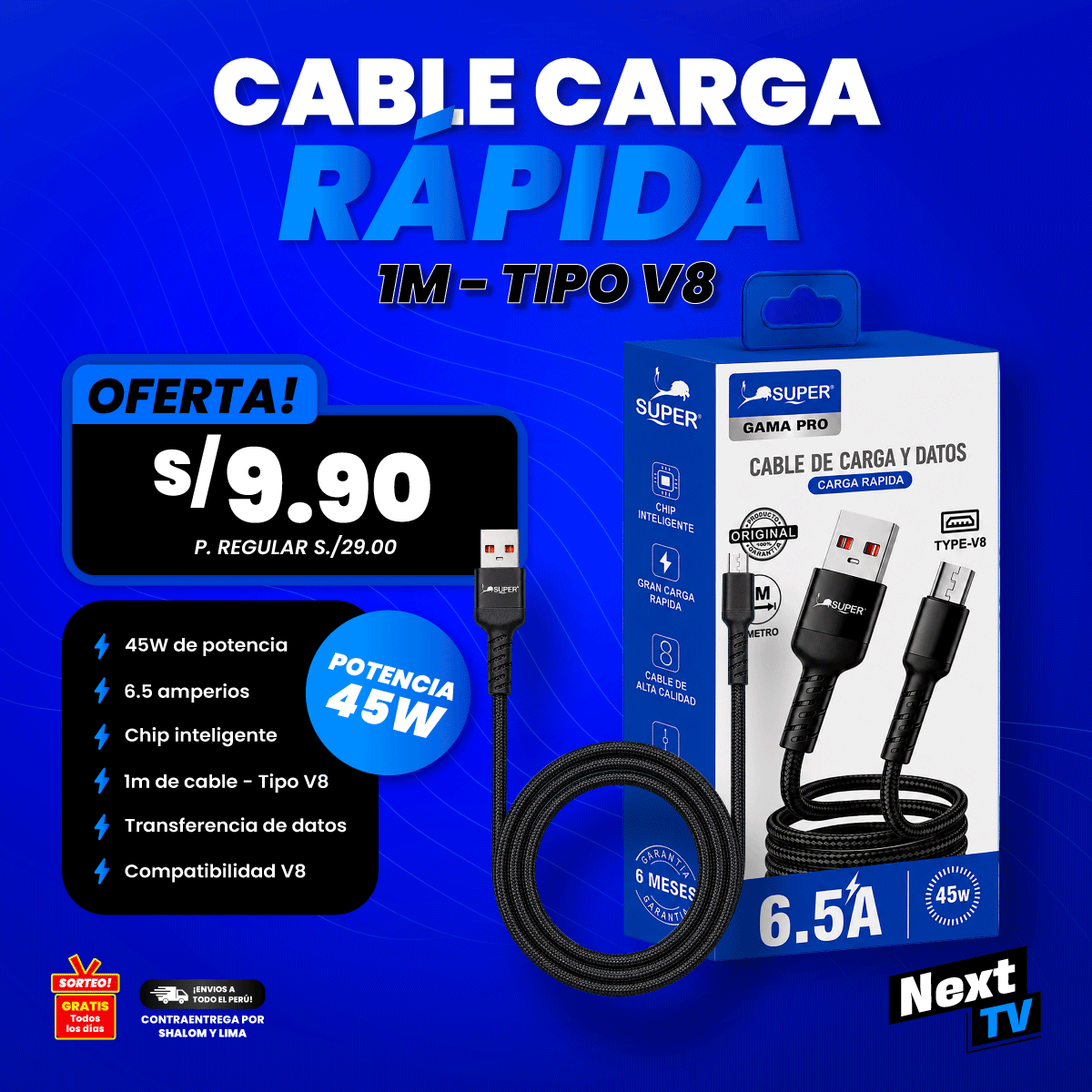 CABLE CARGA RÁPIDA 45W TIPO V8 - CA623