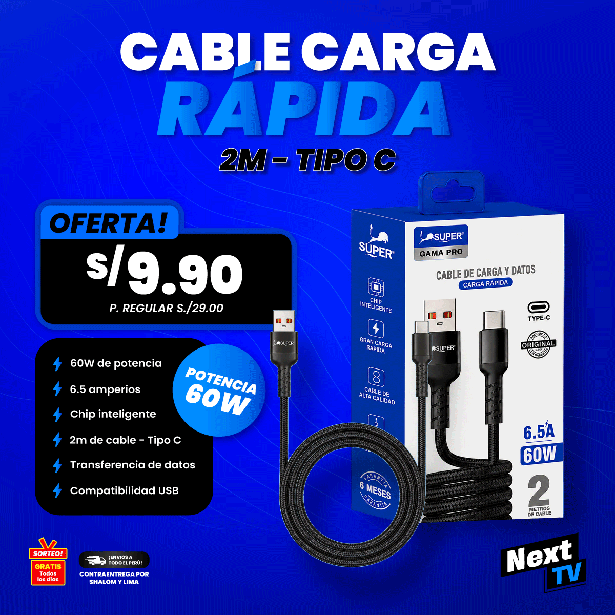 CABLE CARGA RÁPIDA 60W TIPO C - CA619