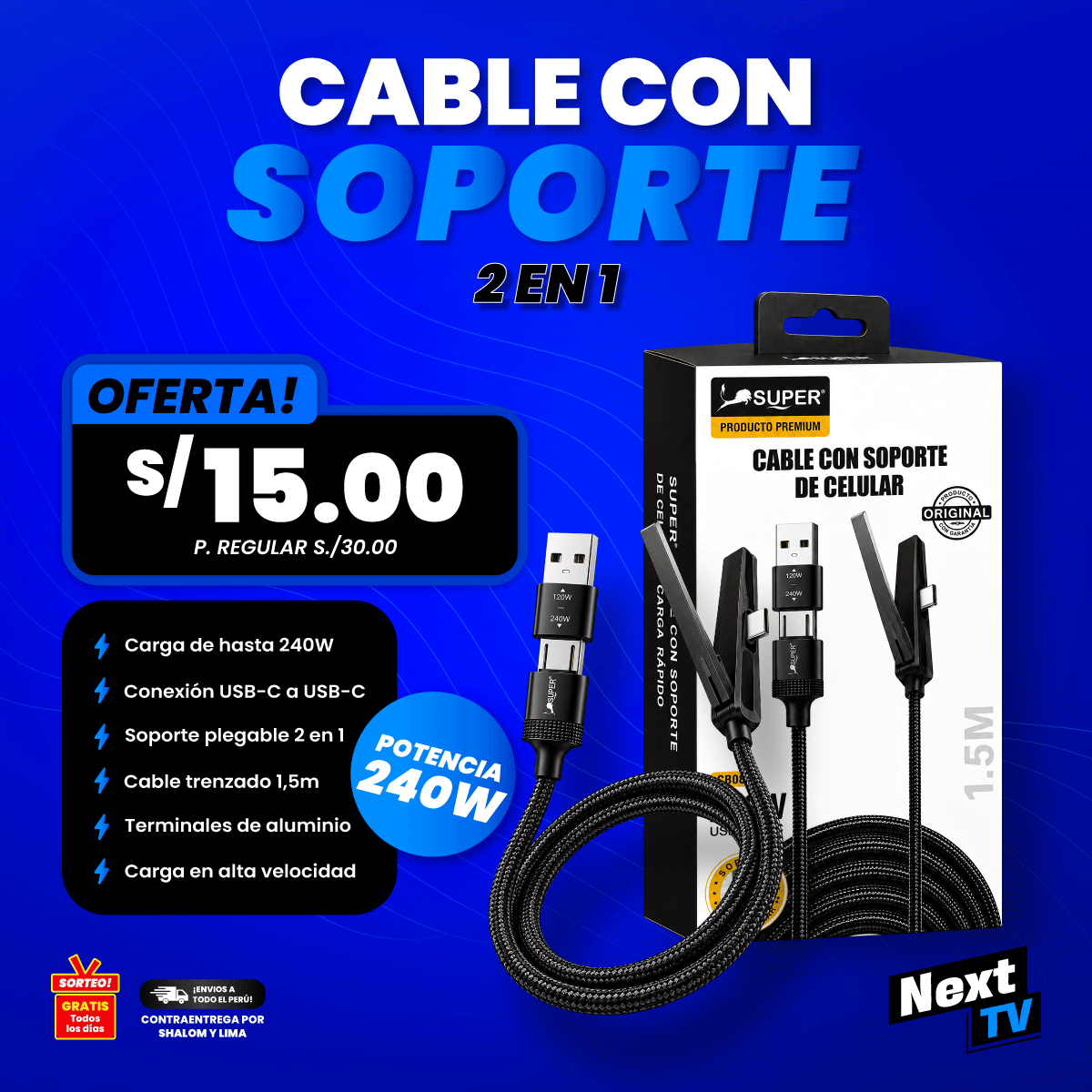 CABLE CON SOPORTE 240W 2 EN 1 - CB08
