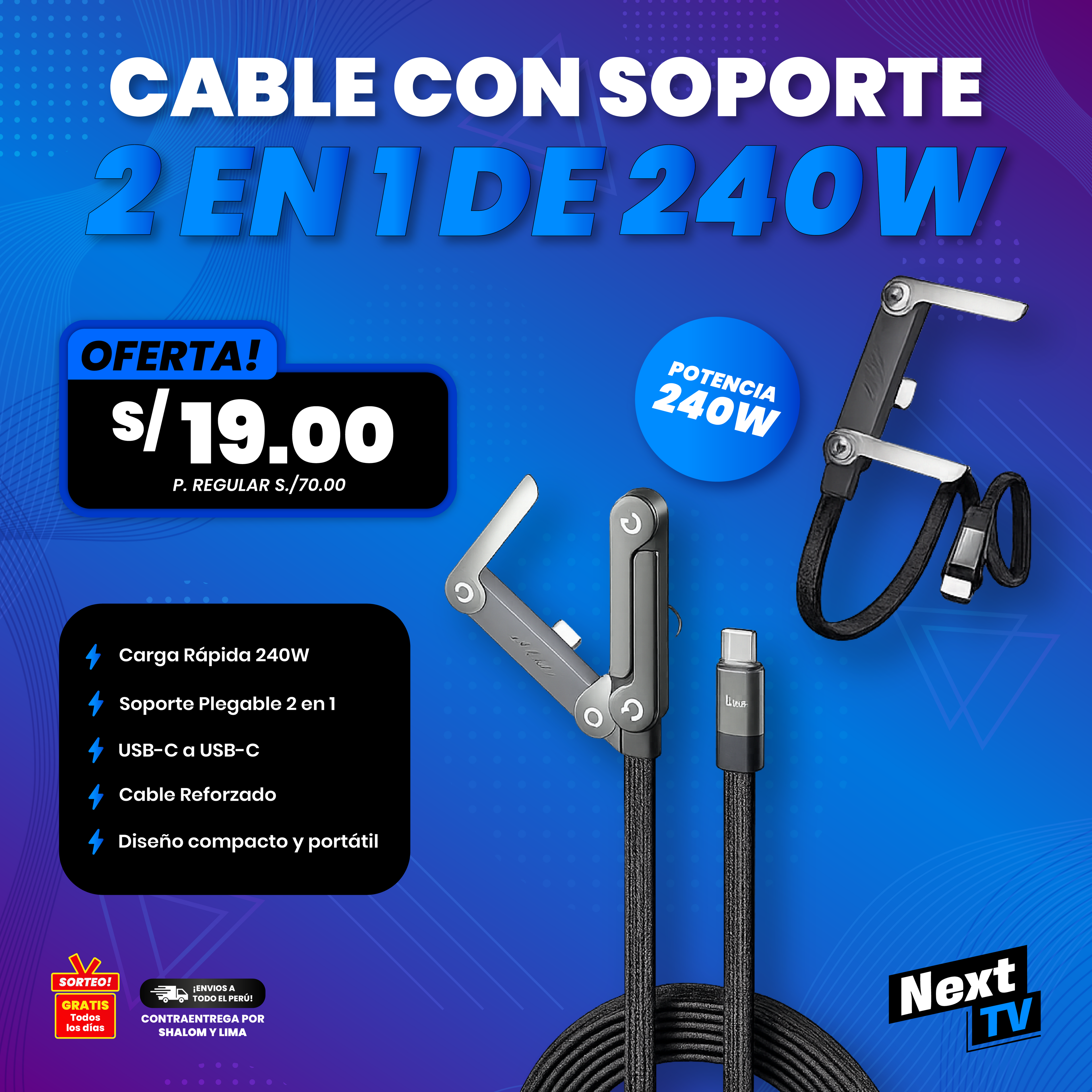 CABLE CON SOPORTE 2 EN 1 DE 240W