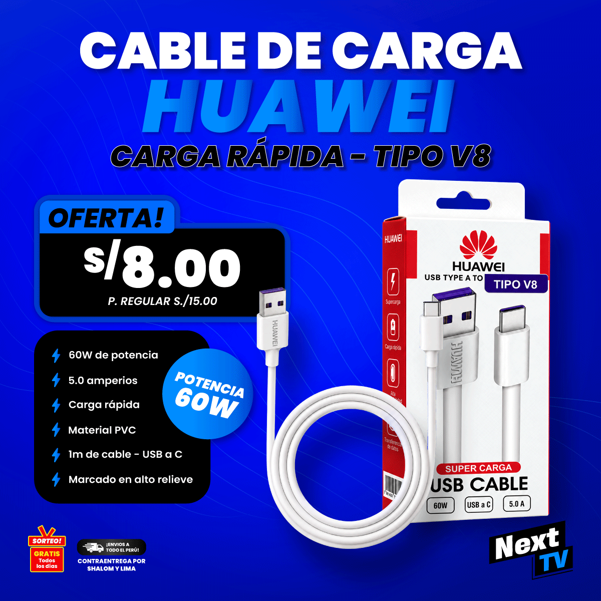 CABLE HUAWEI CARGA RÁPIDA TIPO V8 - CA100