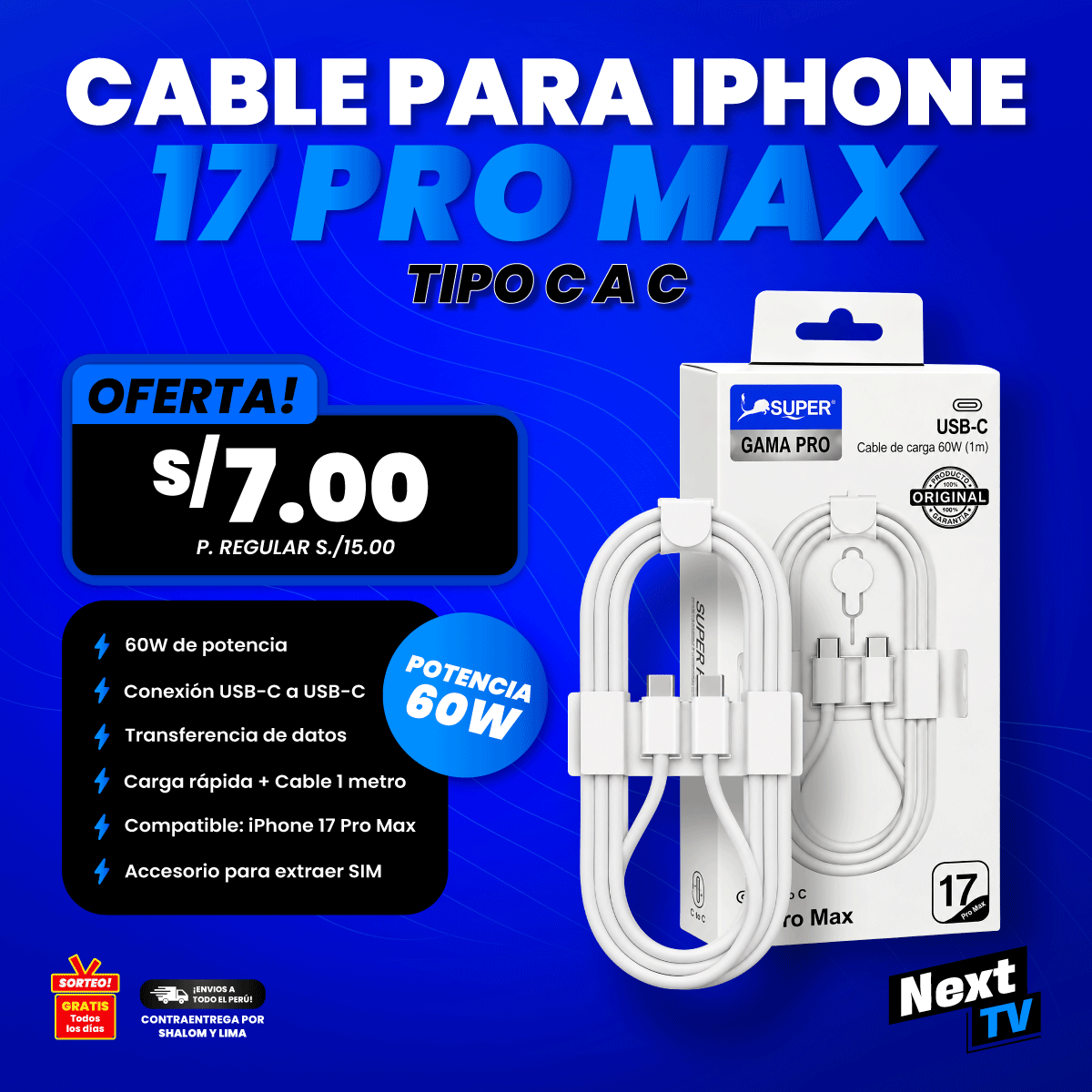CABLE MODELO IPHONE 17 PRO MAX TIPO C A C 60W - CB10-BLANCO