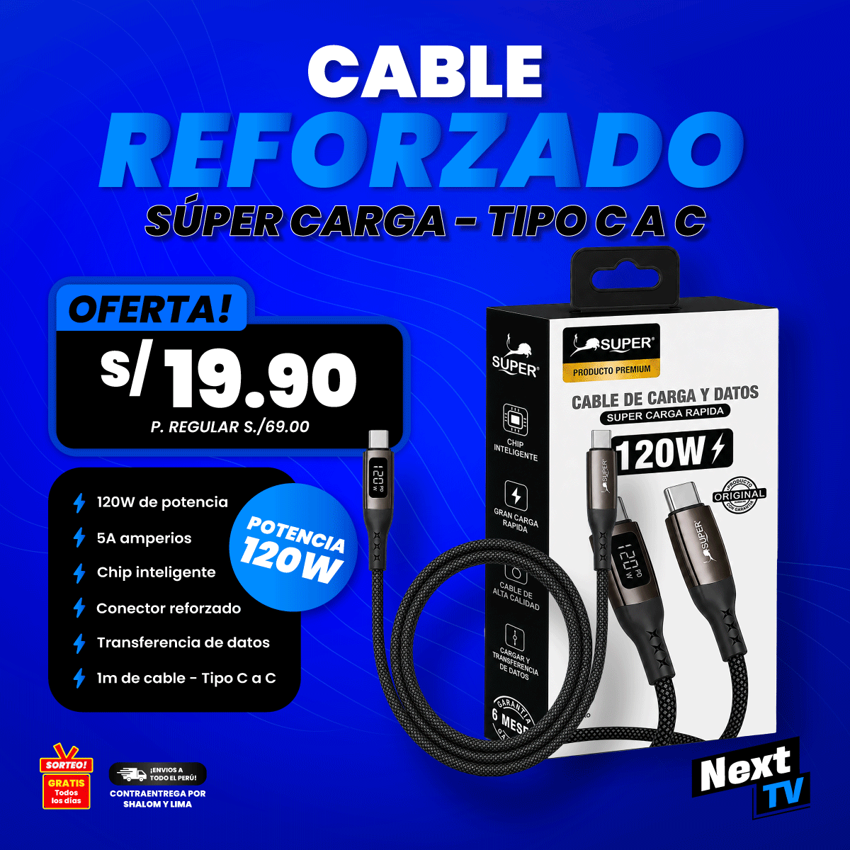 CABLE REFORZADO 120W TIPO C A C - CA628