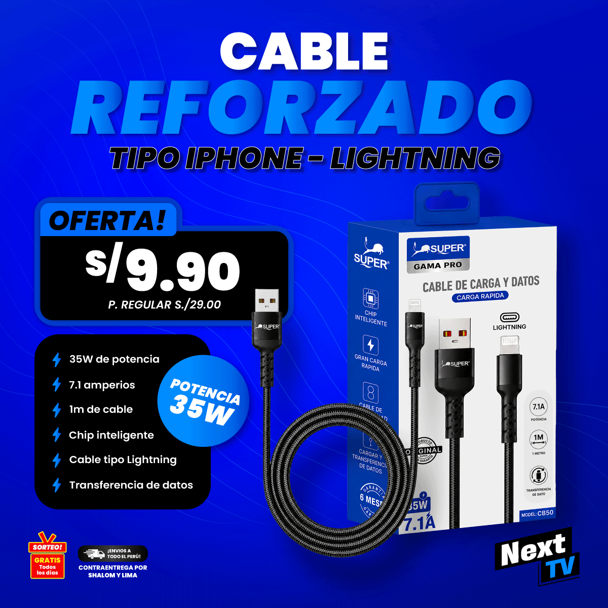 CABLE REFORZADO 35W TIPO IPHONE LIGHTNING - CA625