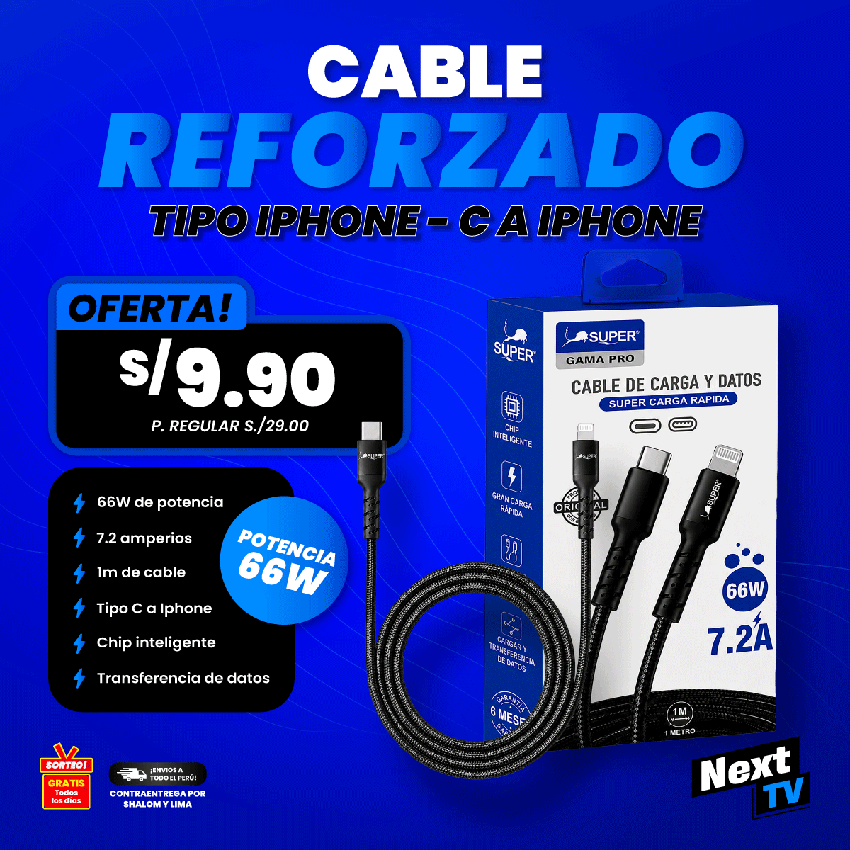 CABLE REFORZADO 66W TIPO IPHONE C A IPHONE - CA621