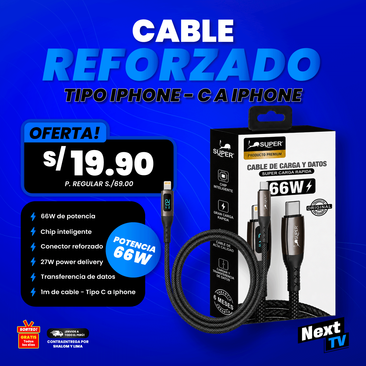 CABLE REFORZADO 66W TIPO IPHONE C A IPHONE - CA629
