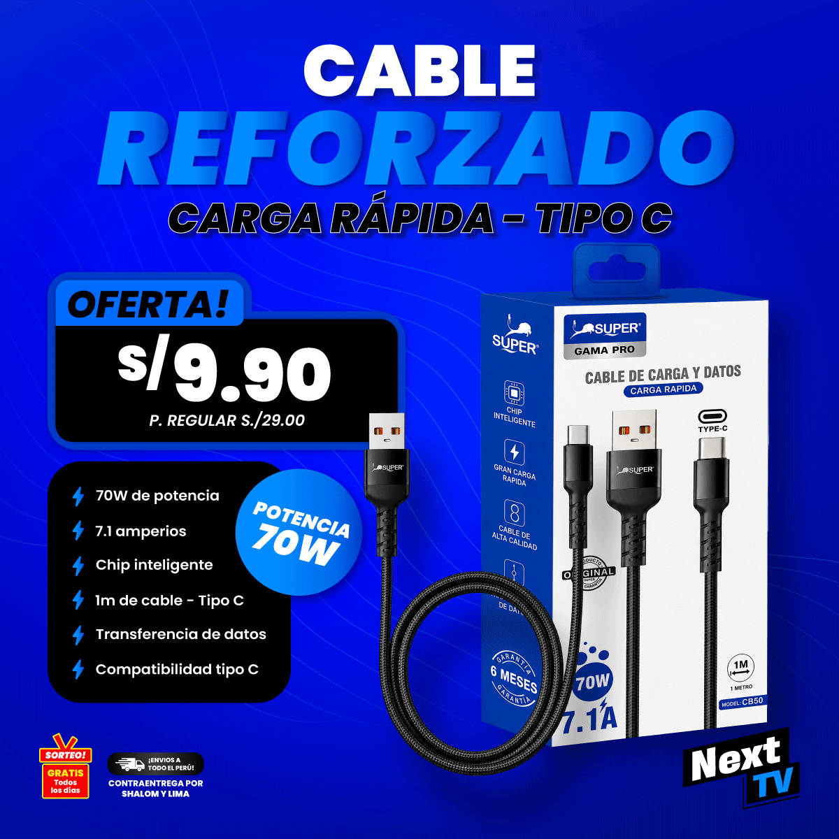 CABLE REFORZADO 70W TIPO C - CA624