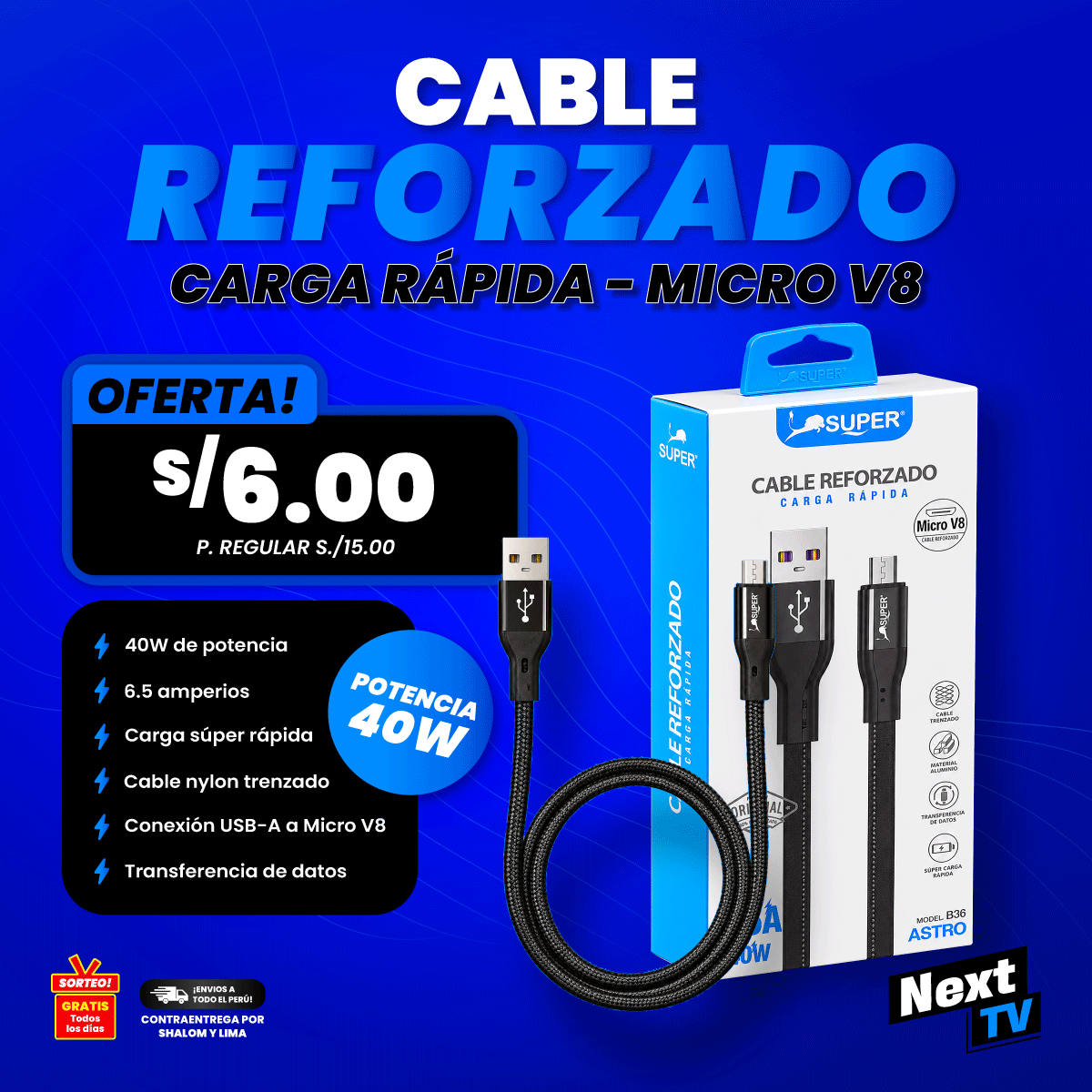 CABLE REFORZADO CARGA RÁPIDA TIPO MICRO V8 40W - CA36