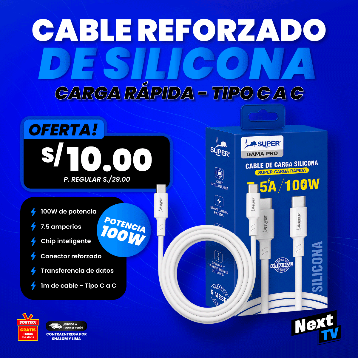 CABLE REFORZADO SILICONA 100W TIPO C A C - CA626