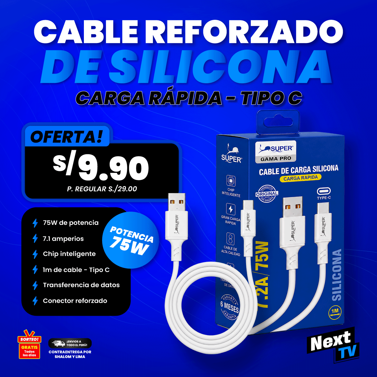 CABLE REFORZADO SILICONA 75W TIPO C - CA627
