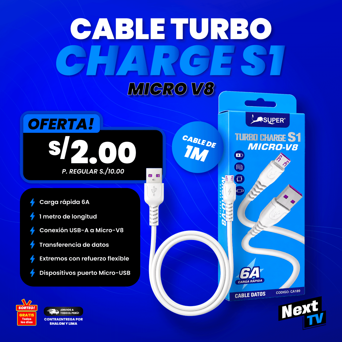 CABLE TURBO CHARGE S1 1 TIPO MICRO V8 - CA189