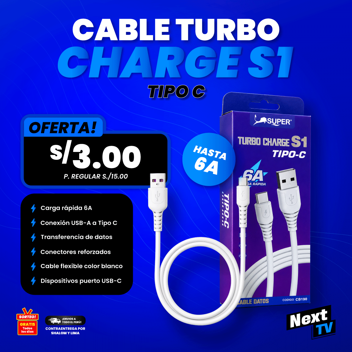 CABLE TURBO CHARGE S1 TIPO C - CA190