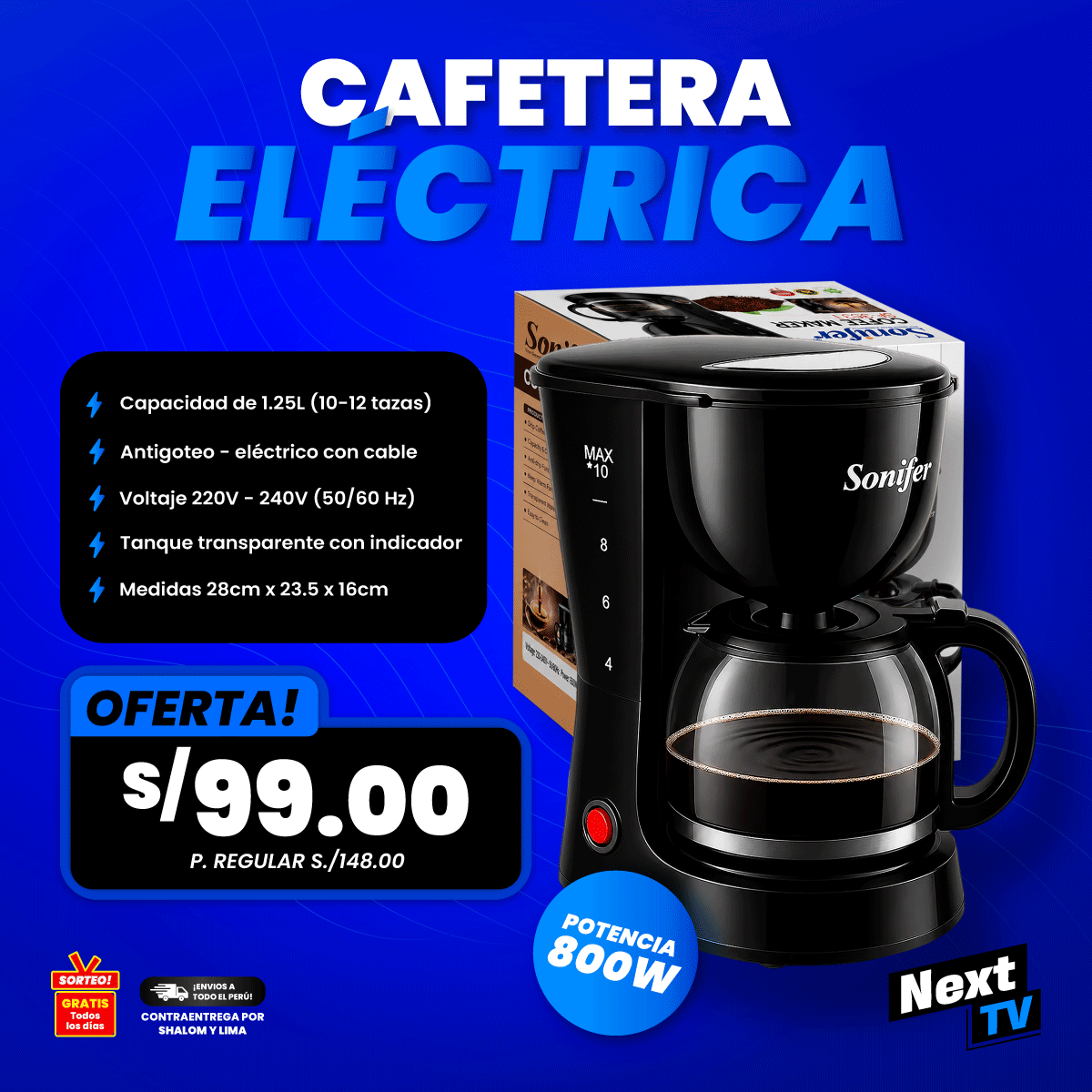 CAFETERA ELÉCTRICA SONIFER 1.25 LITROS 800W