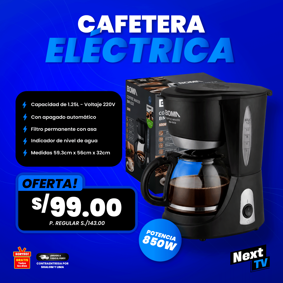 CAFETERA ELÉCTRICA BOMA 1.25 LITROS 850W