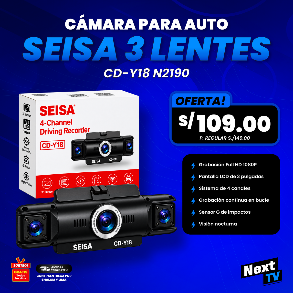 CAMARA PARA AUTO 3 LENTES SEISA CD-Y18 N2190