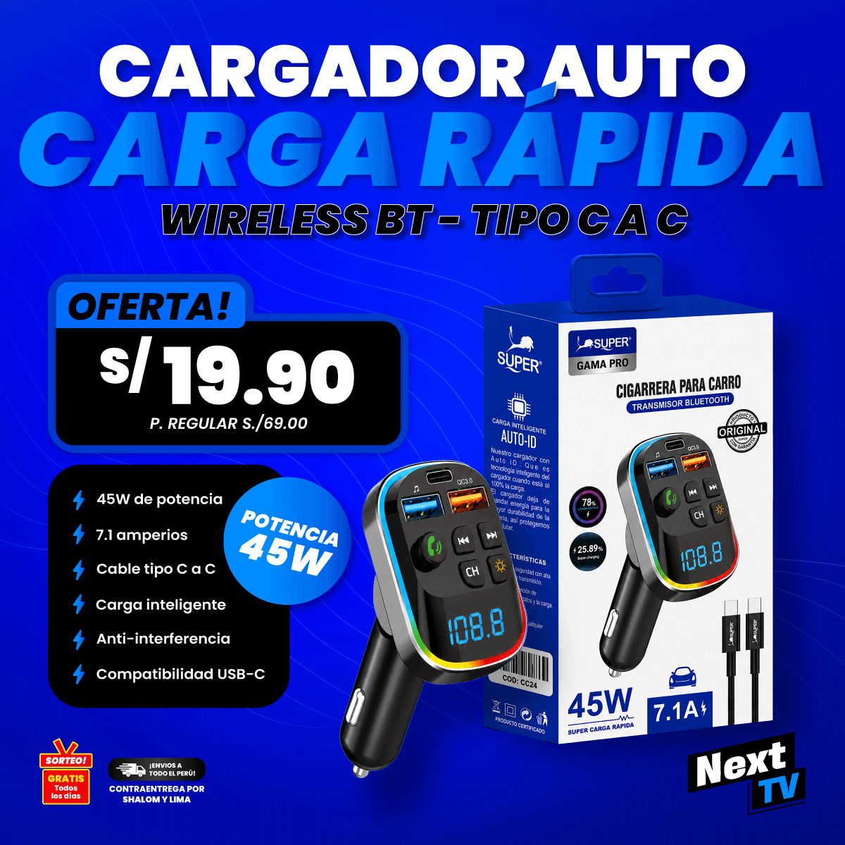 CARGADOR AUTO CARGA RÁPIDA 45W TIPO C A C - CC24