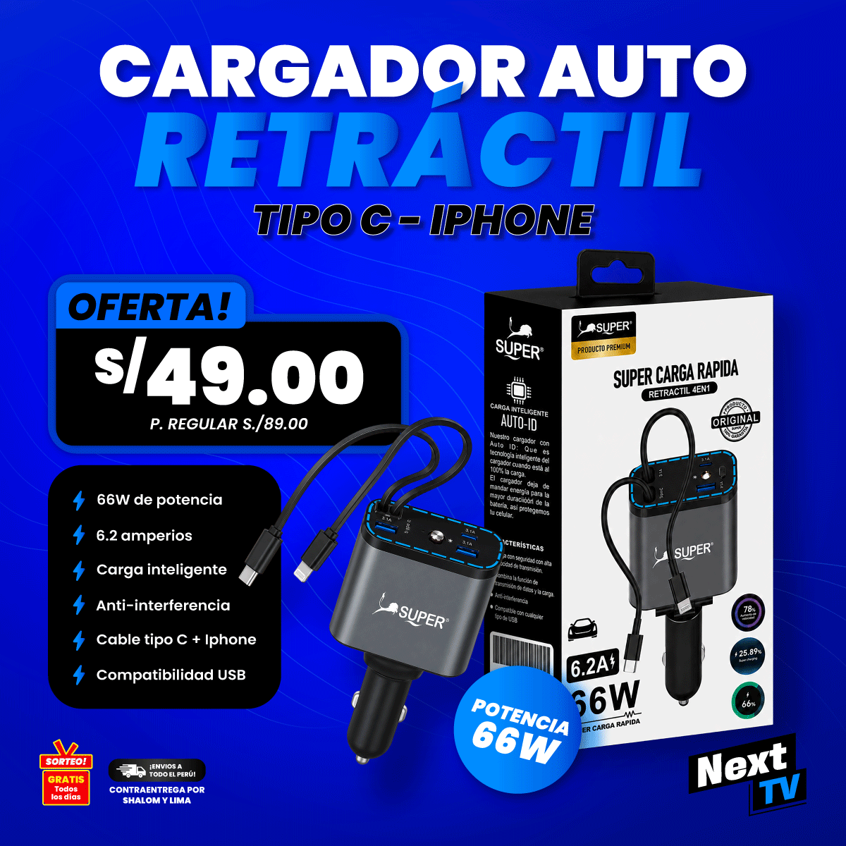 CARGADOR AUTO RETRÁCTIL 66W TIPO C-IPHONE - CC155