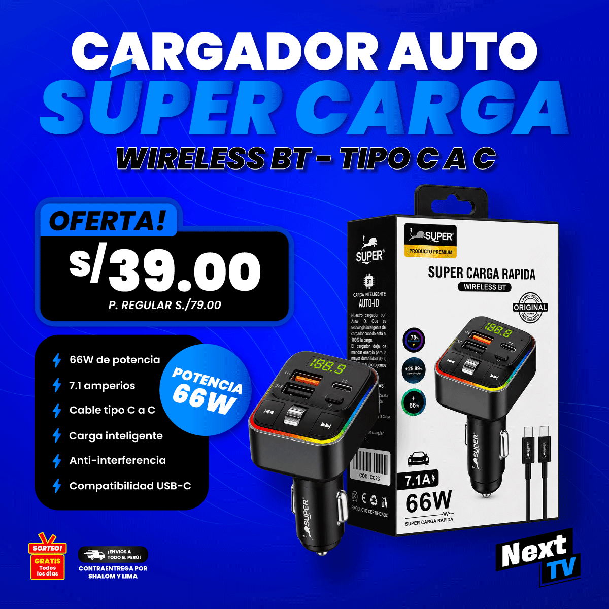 CARGADOR AUTO SUPER CARGA 66W TIPO C A C - CC23