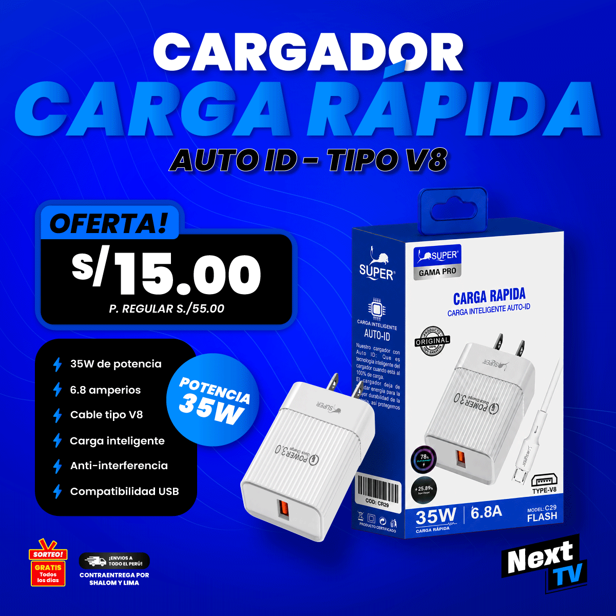 CARGADOR CARGA RÁPIDA 35W TIPO V8 - CR29