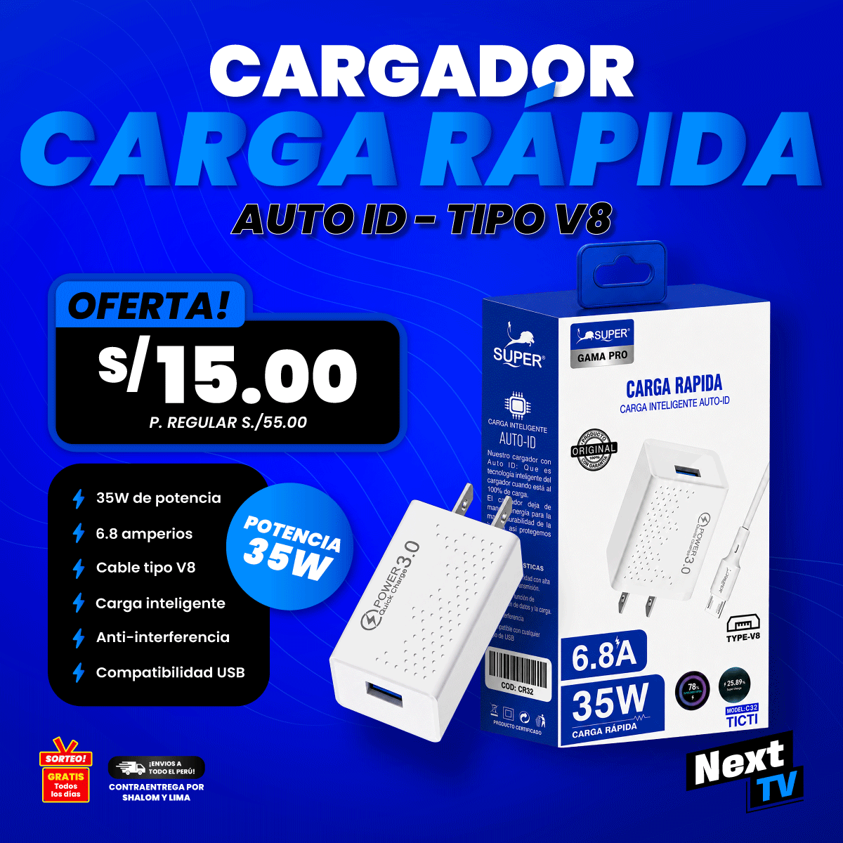 CARGADOR CARGA RÁPIDA 35W TIPO V8 - CR32