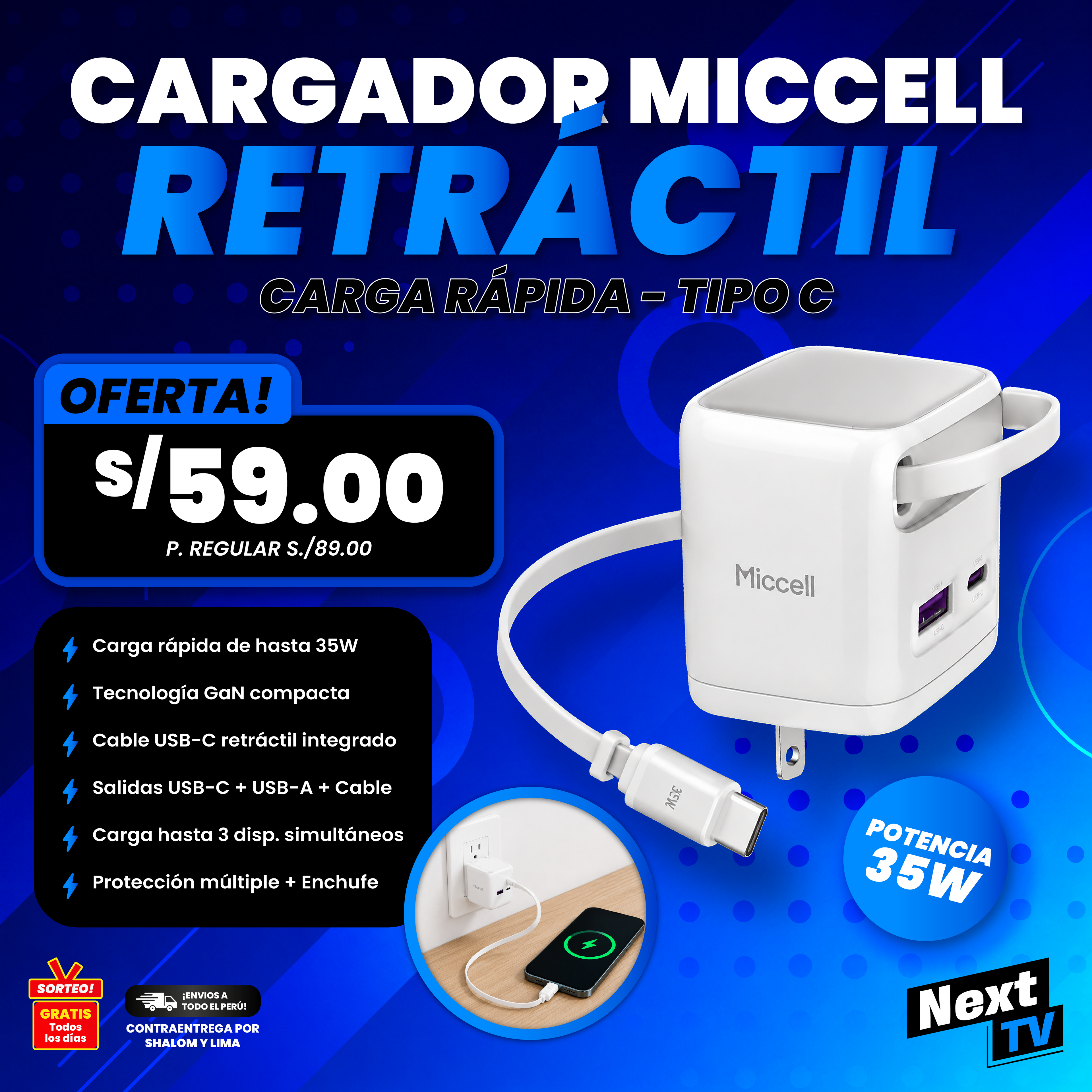 CARGADOR MICCELL RETRÁCTIL TIPO C 35W - CR425