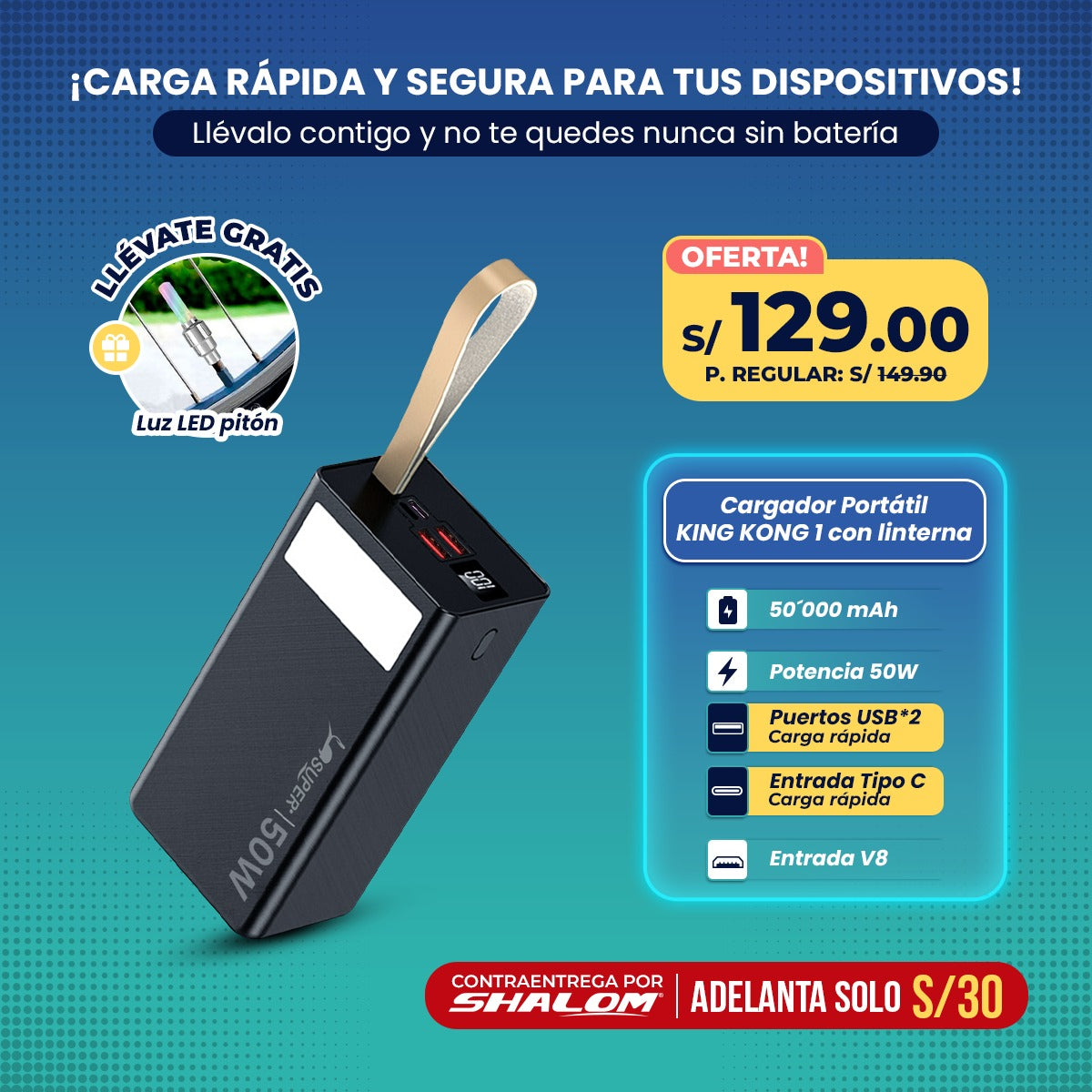Cargador Portátil 50,000 mAh – Súper Potencia de 50W