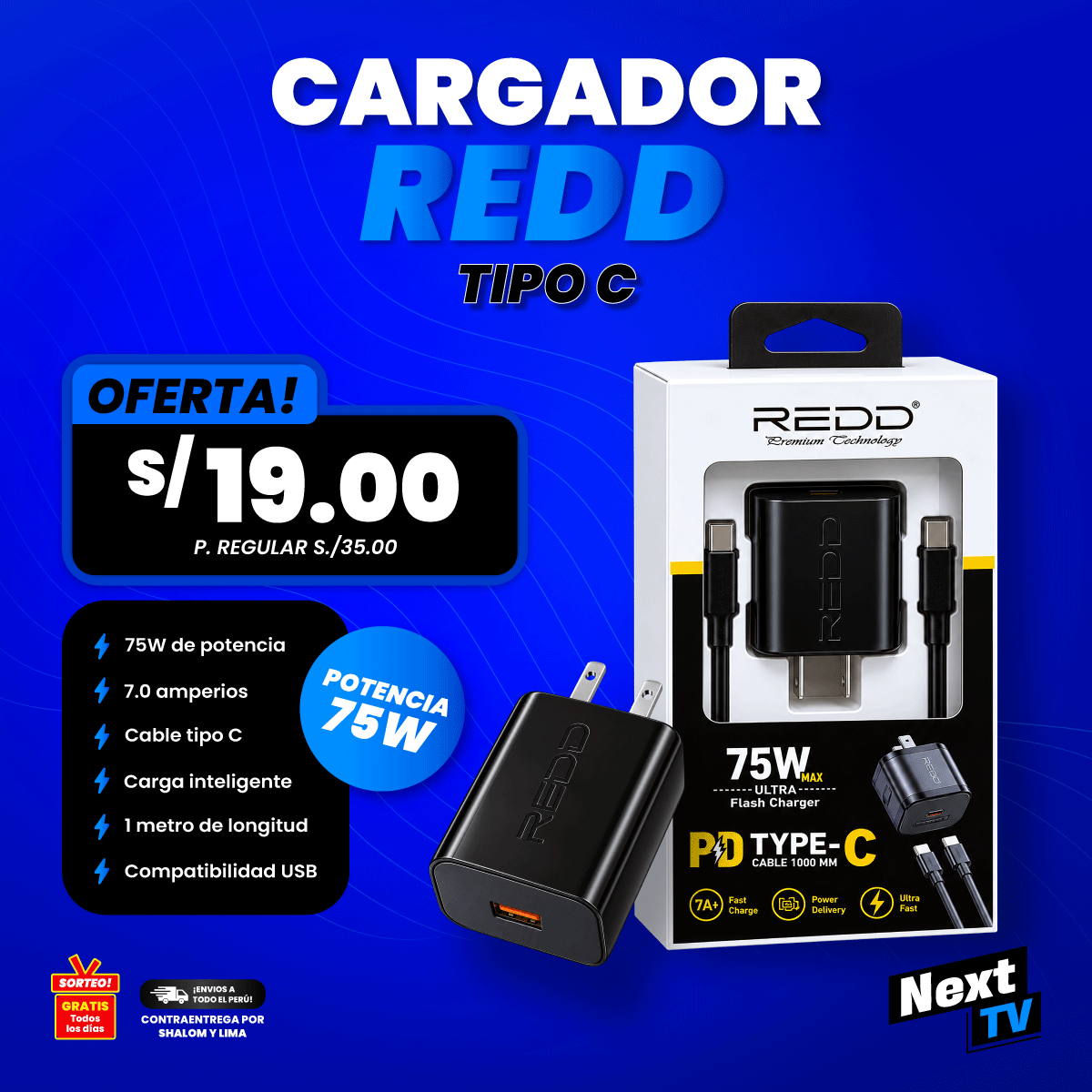 CARGADOR REDD 75W TIPO C - CR409