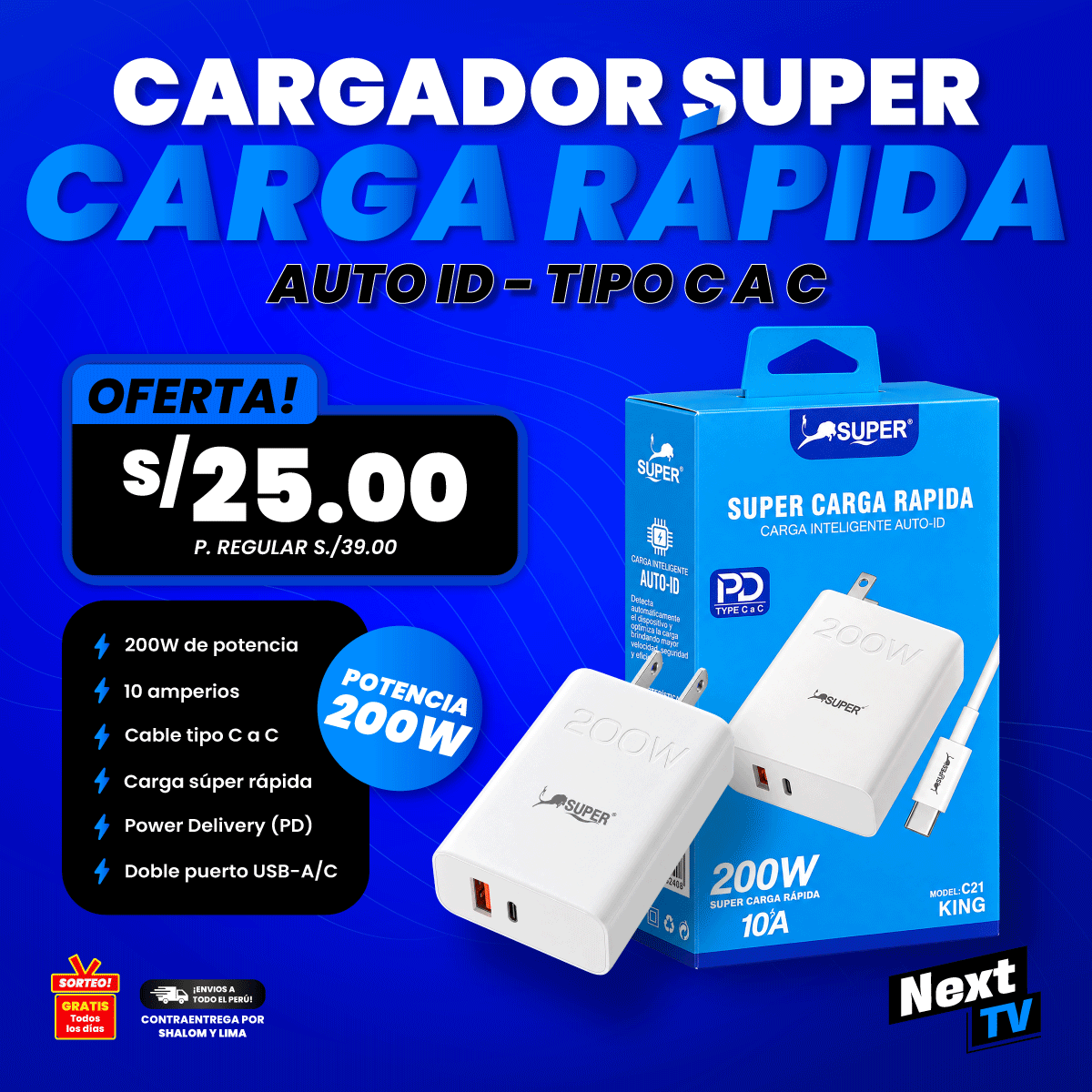 CARGADOR SUPER CARGA RÁPIDA 200W KING TIPO C A C - CR21