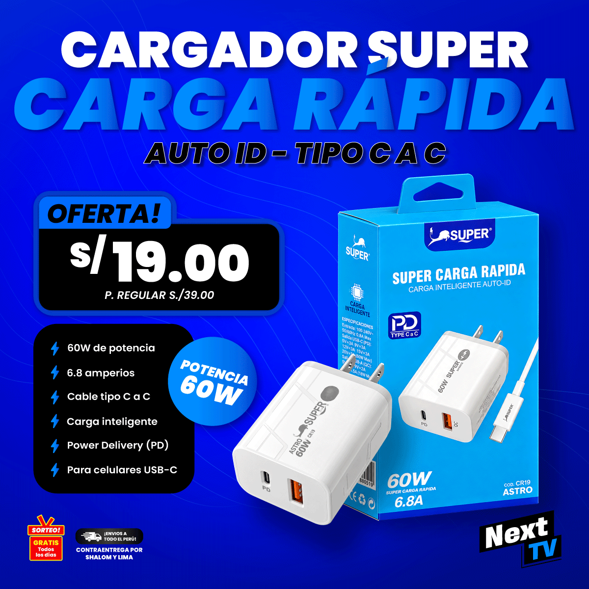 CARGADOR SUPER CARGA RÁPIDA 60W ASTRO TIPO C A C - CR19