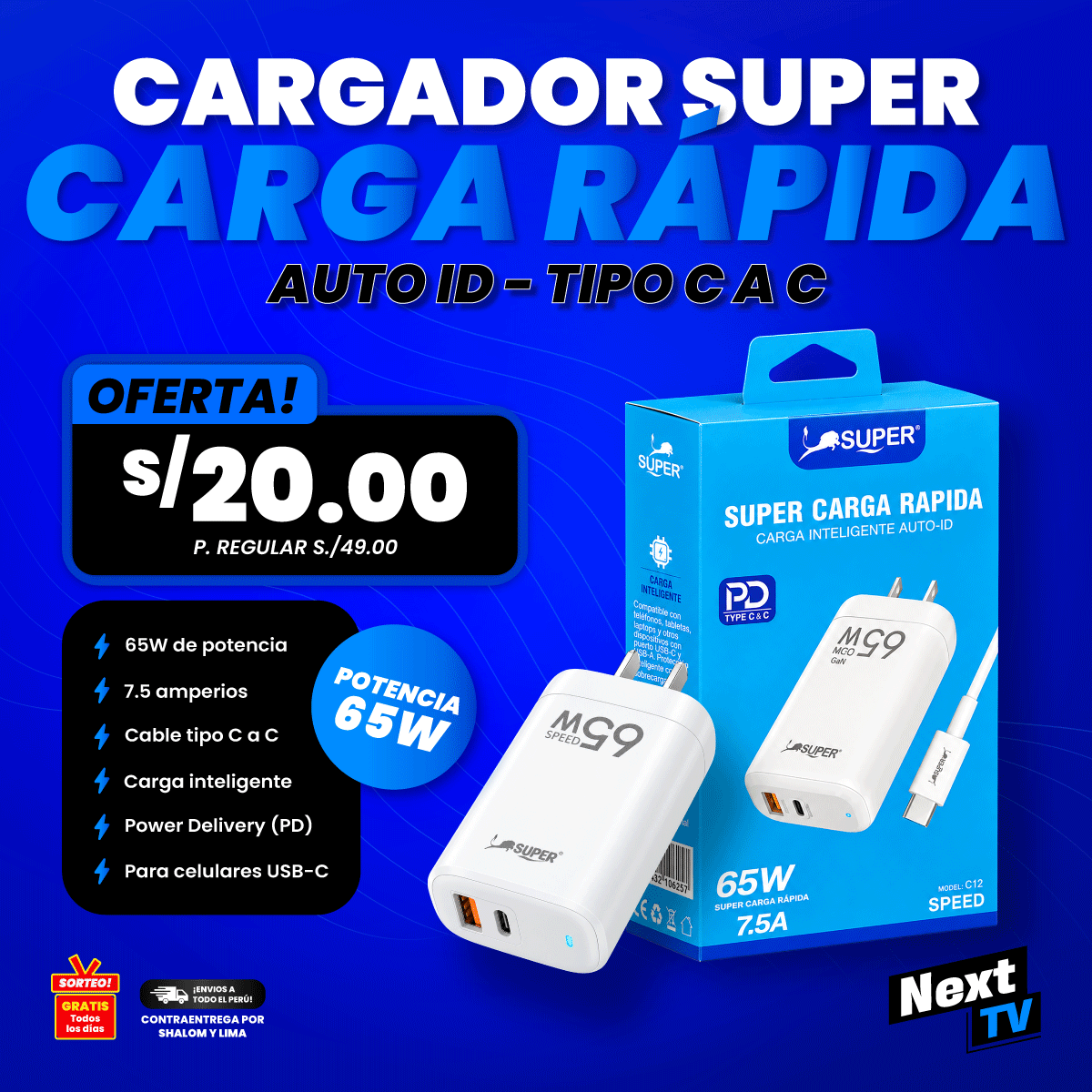 CARGADOR SUPER CARGA RÁPIDA 65W SPEED TIPO C A C - CR12