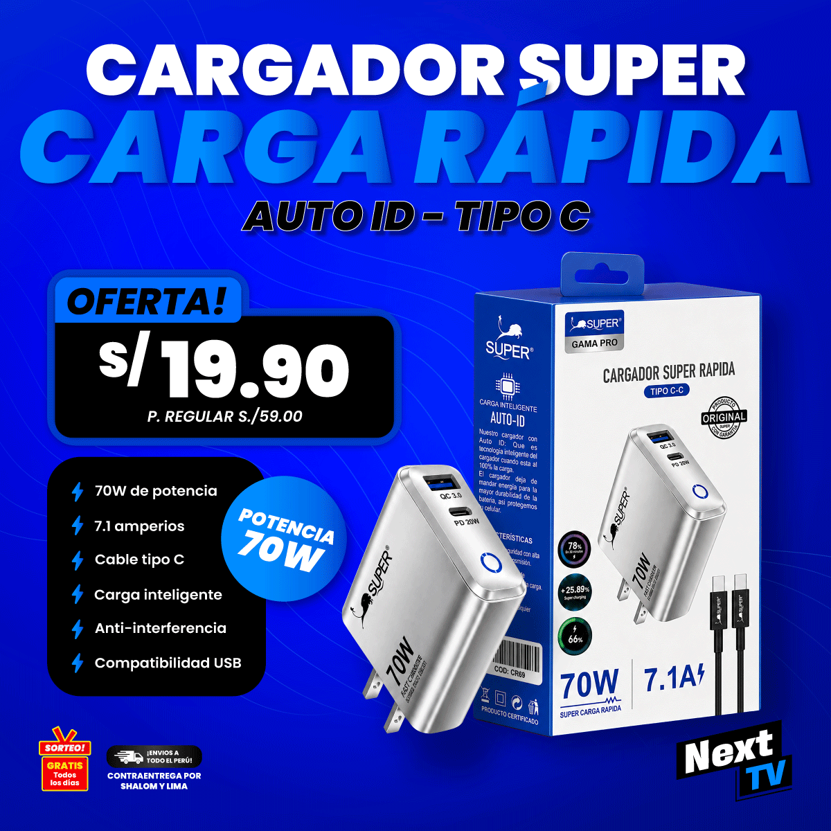 CARGADOR SÚPER CARGA RÁPIDA 70W TIPO C - CR69