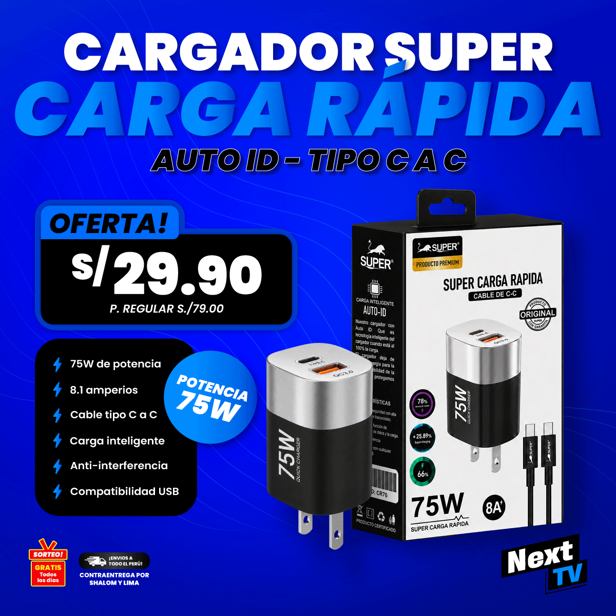 CARGADOR SÚPER CARGA RÁPIDA 75W TIPO C A C - CR419
