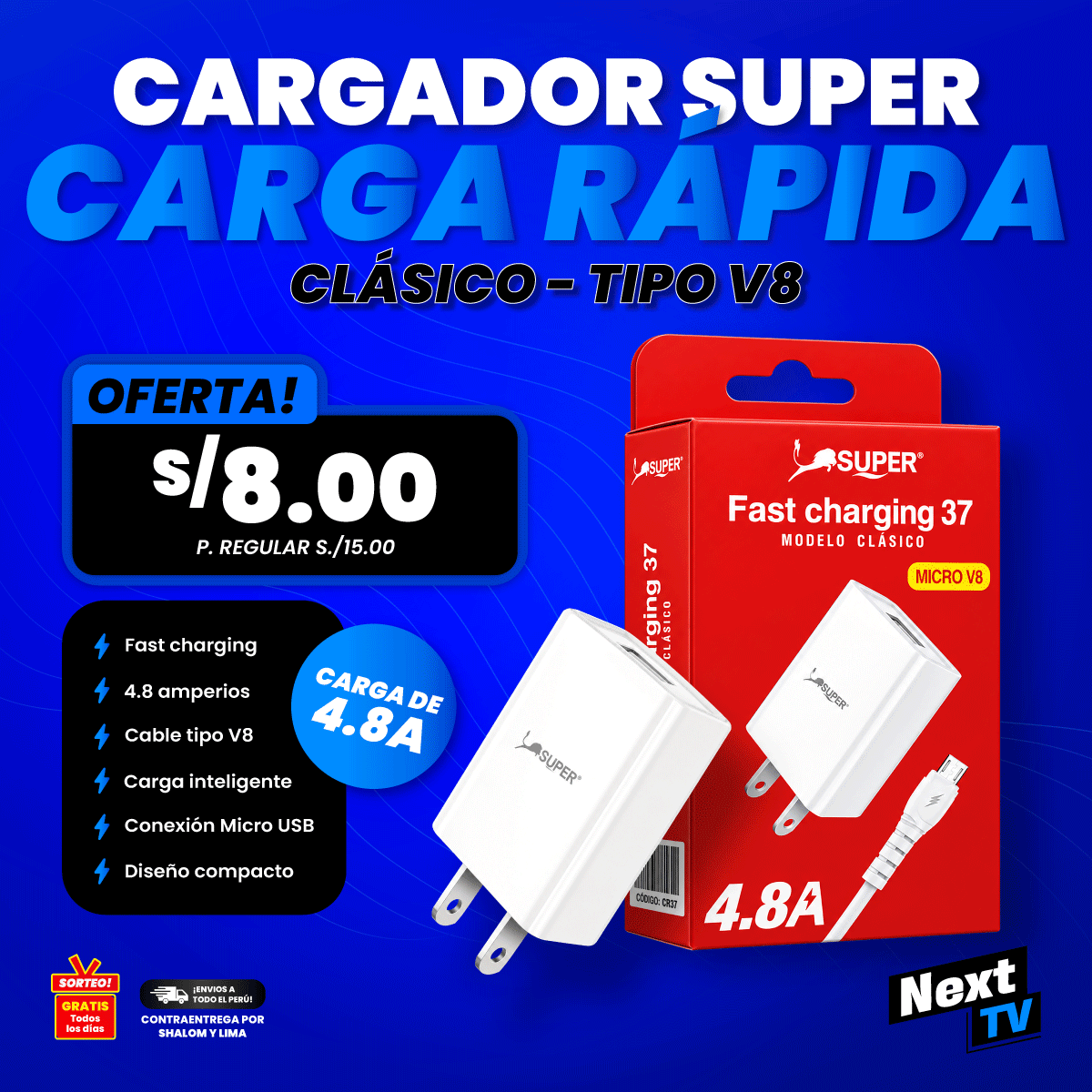 CARGADOR SUPER FAST CHARGING 37 TIPO V8 - CR37