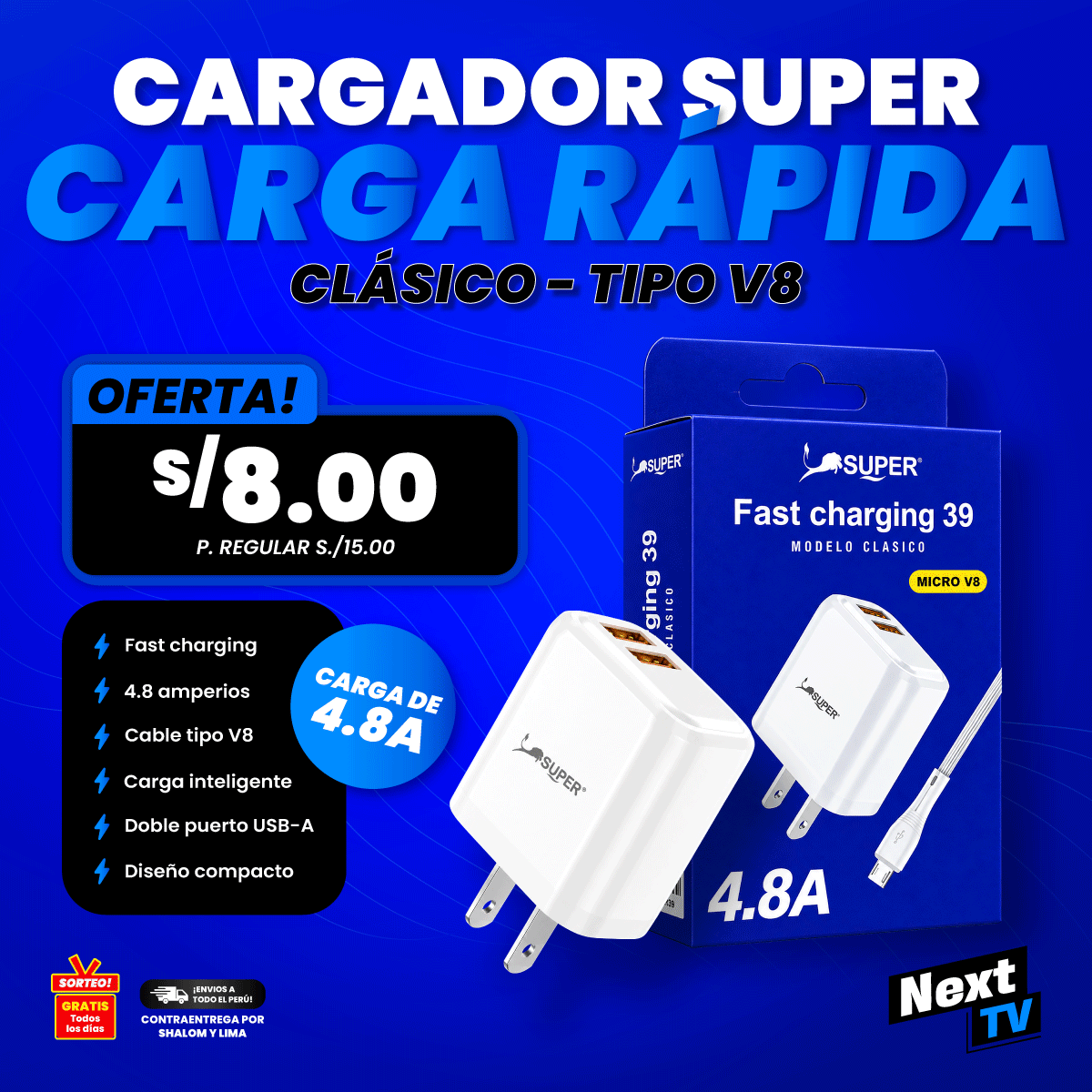 CARGADOR SUPER FAST CHARGING 39 TIPO V8 - CR39