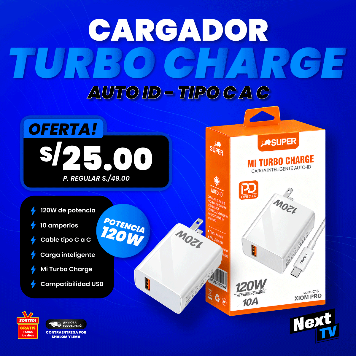 CARGADOR SUPER TURBO CHARGE 120W XIOM PRO TIPO C A C - CR16