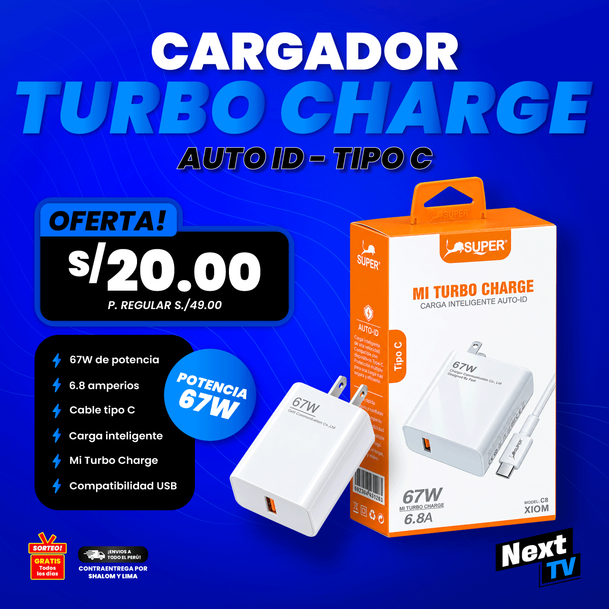 CARGADOR SUPER TURBO CHARGE 67W XIOM TIPO C - CR08